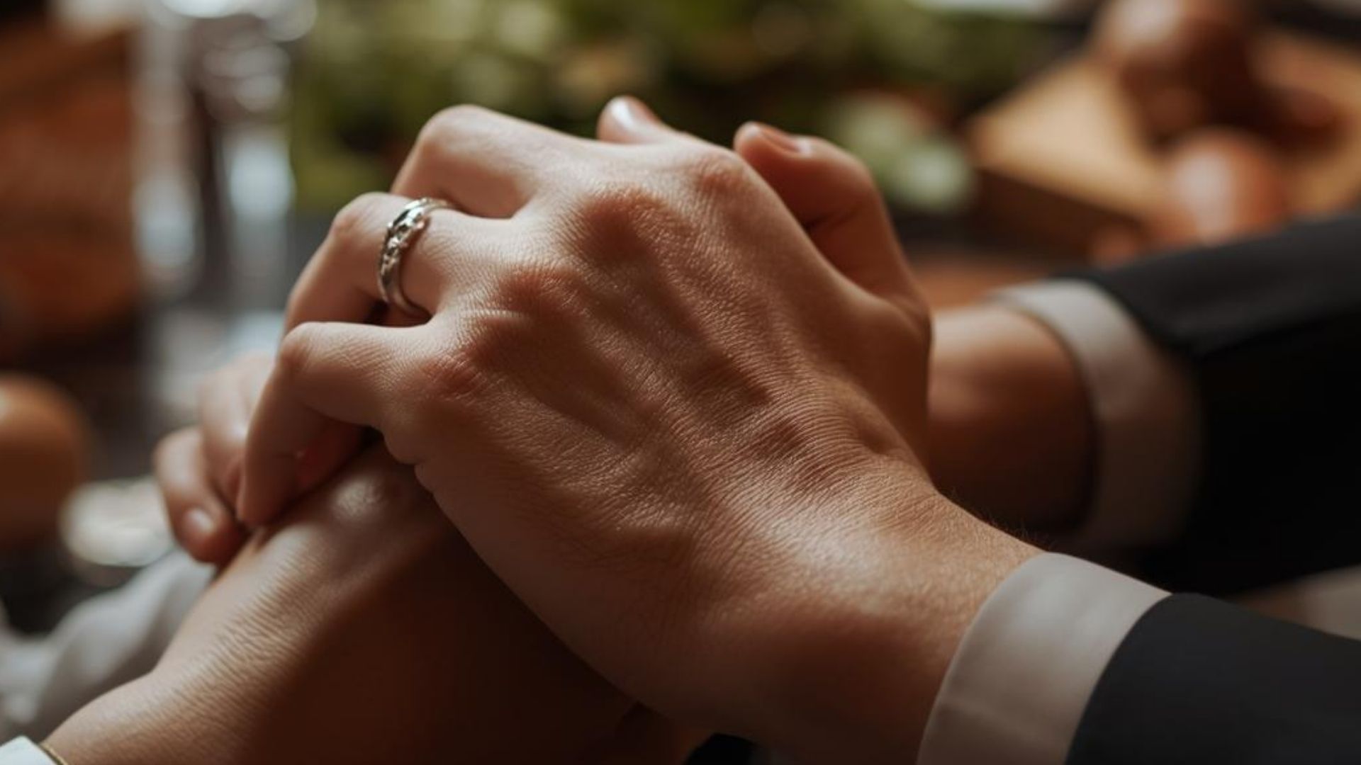 Dos personas entrelazadas de la mano, luciendo sus anillos matrimoniales.