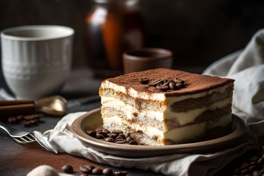 Tarta de tiramisú decorada con granos de café sobre un plato blanco.