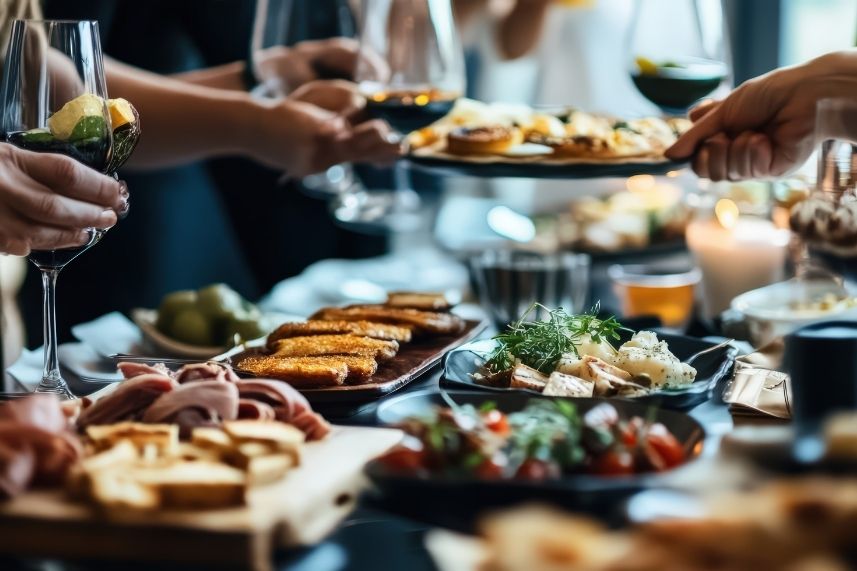 comensales sosteniendo copas de vino y platos de comida en una celebración.