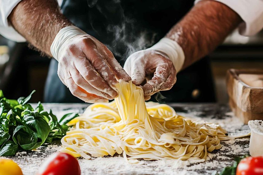 Un chef prepara pasta sobre una mesa, con ingredientes frescos y utensilios de cocina a su alrededor.