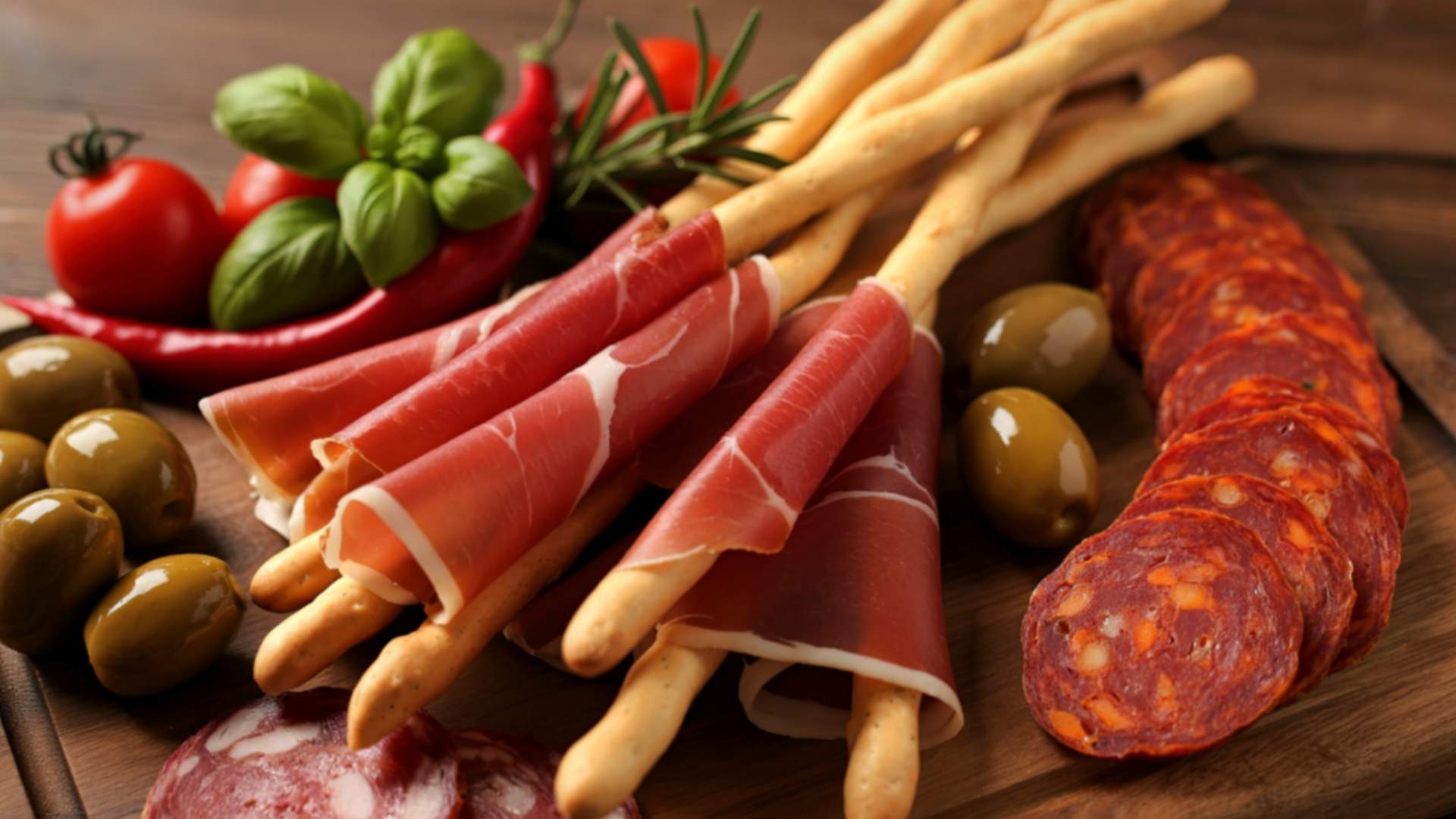 Tabla de cortar de madera con una variedad de carnes y verduras frescas dispuestas artísticamente.