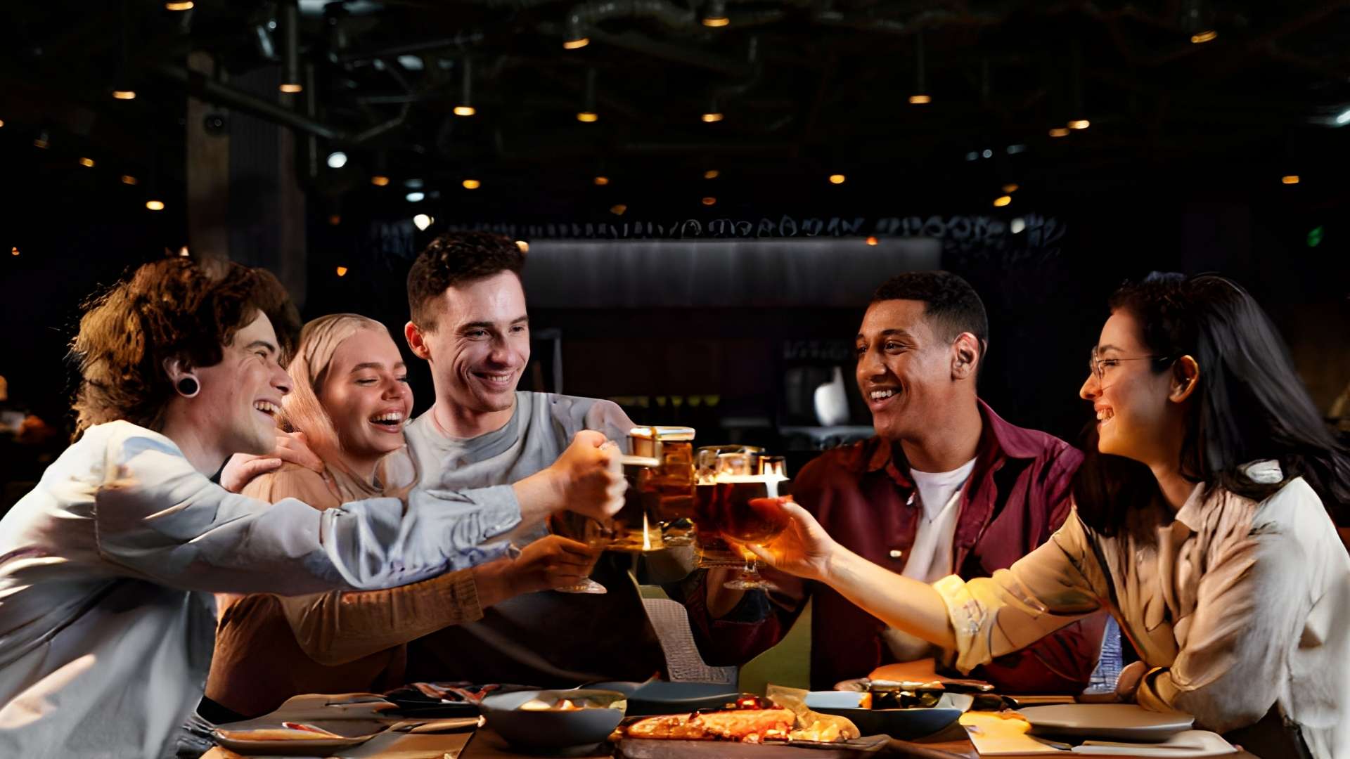Un grupo de amigos brindando con cervezas en un ambiente festivo y alegre.